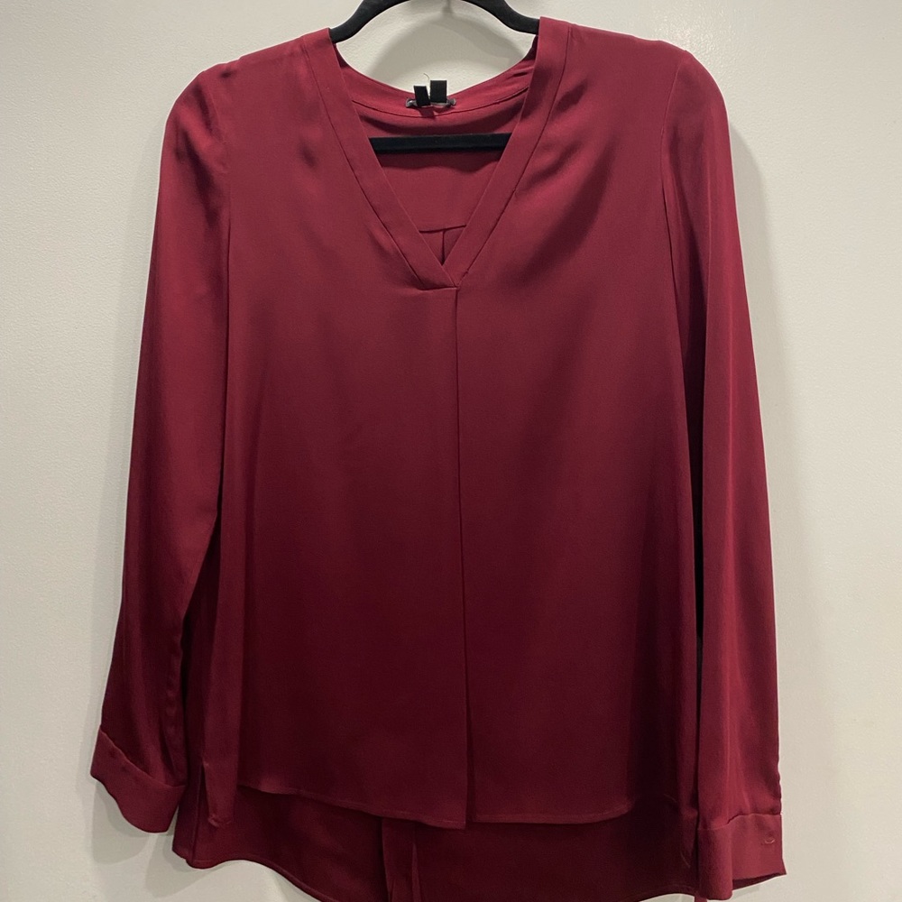 Wine colored, Theory silk v-neck blouse.